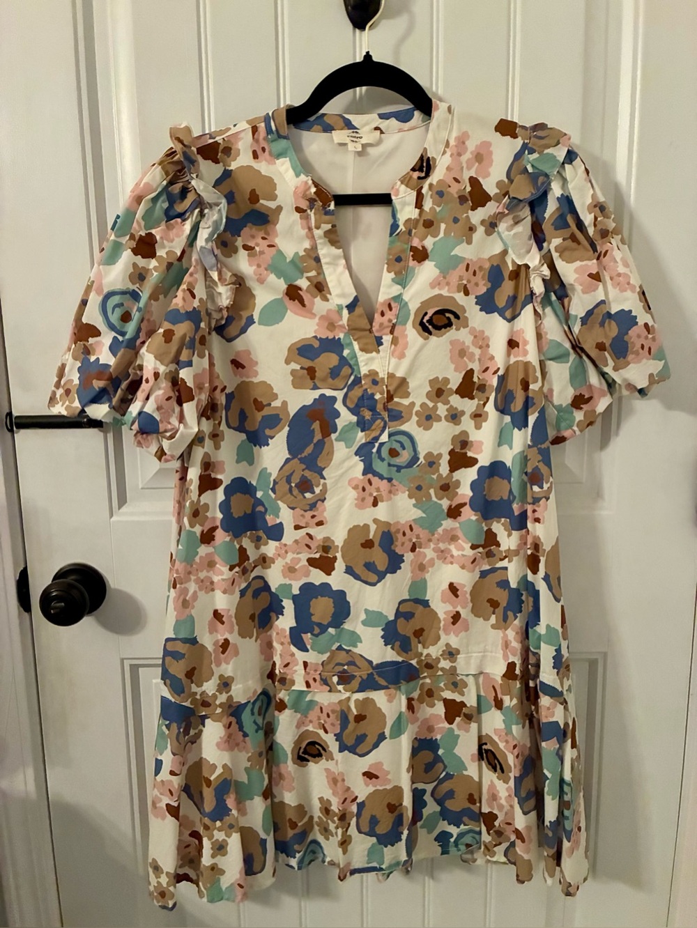 Floral Cream & Blue Tunic Dress with Balloon/Puff Sleeves - Large